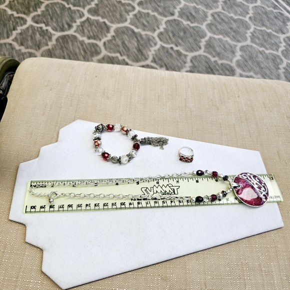 SET! Garnet 925 Ring with Stretchy Glass Bead Bracelet and Beaded Necklace - Picture 12 of 14